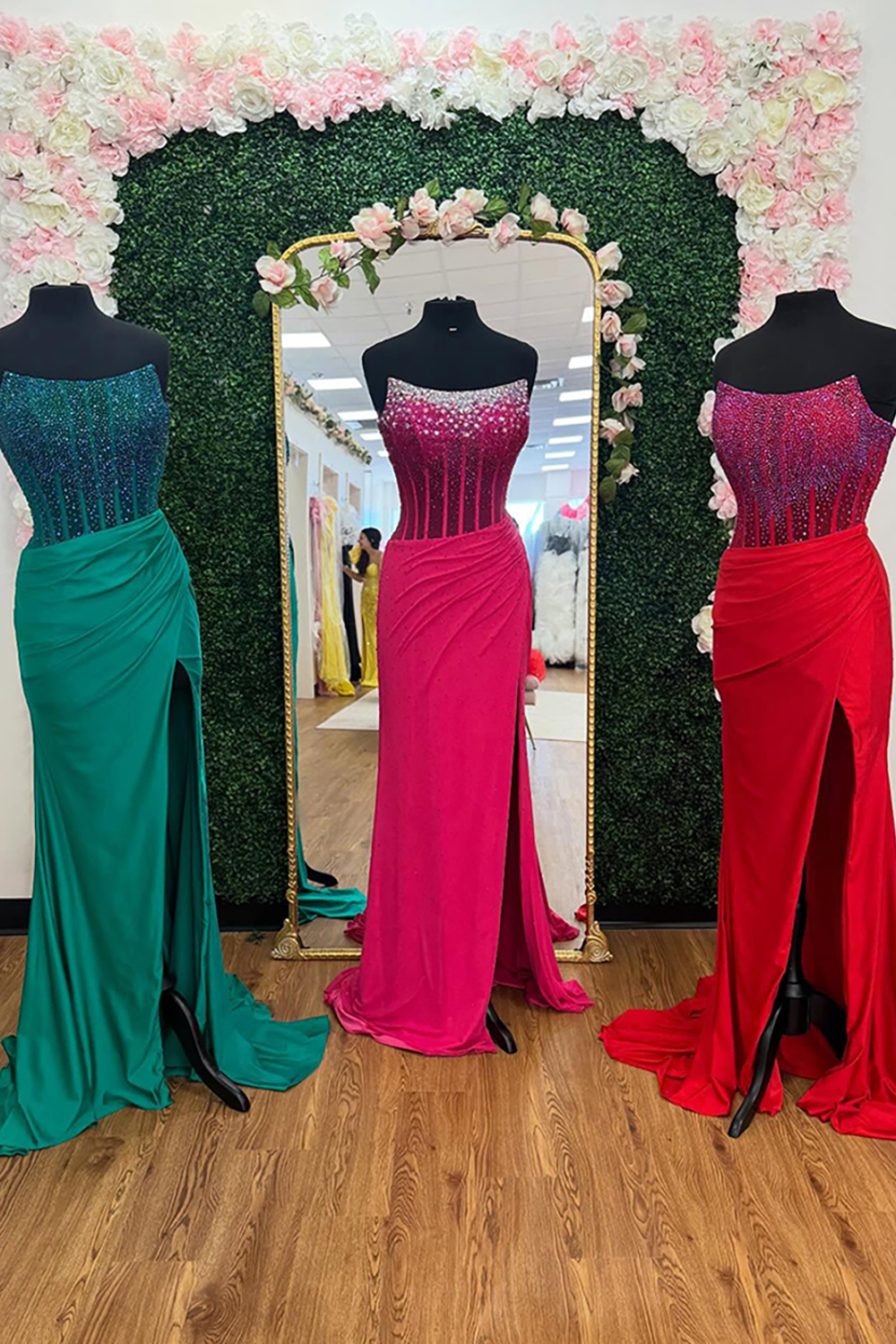 Sparkly Emerald Green Corset Beaded Mermaid Long Prom Dress with Slit