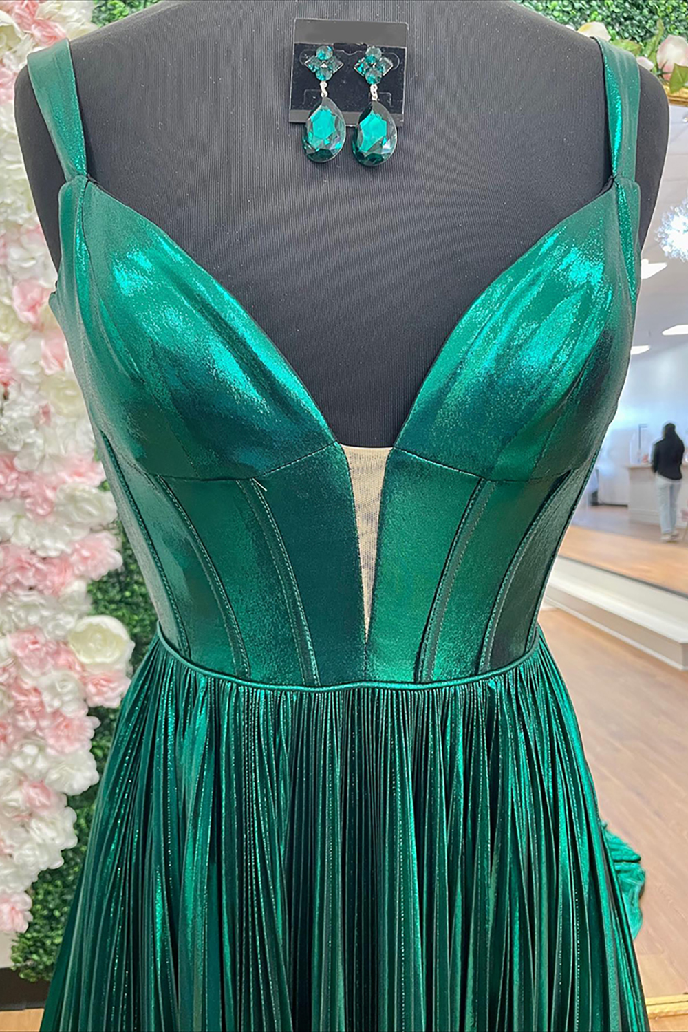 Emerald Green V-Neck Corset A Line Long Prom Dress