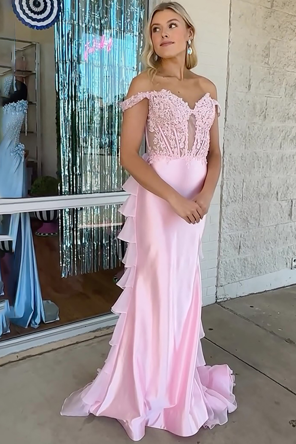 Pink Off the Shoulder Ruffled Corset Long Prom Dress with Lace
