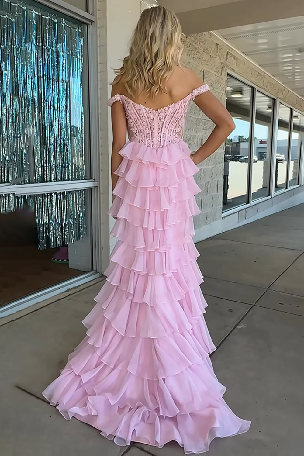 Pink Off the Shoulder Ruffled Corset Long Prom Dress with Lace