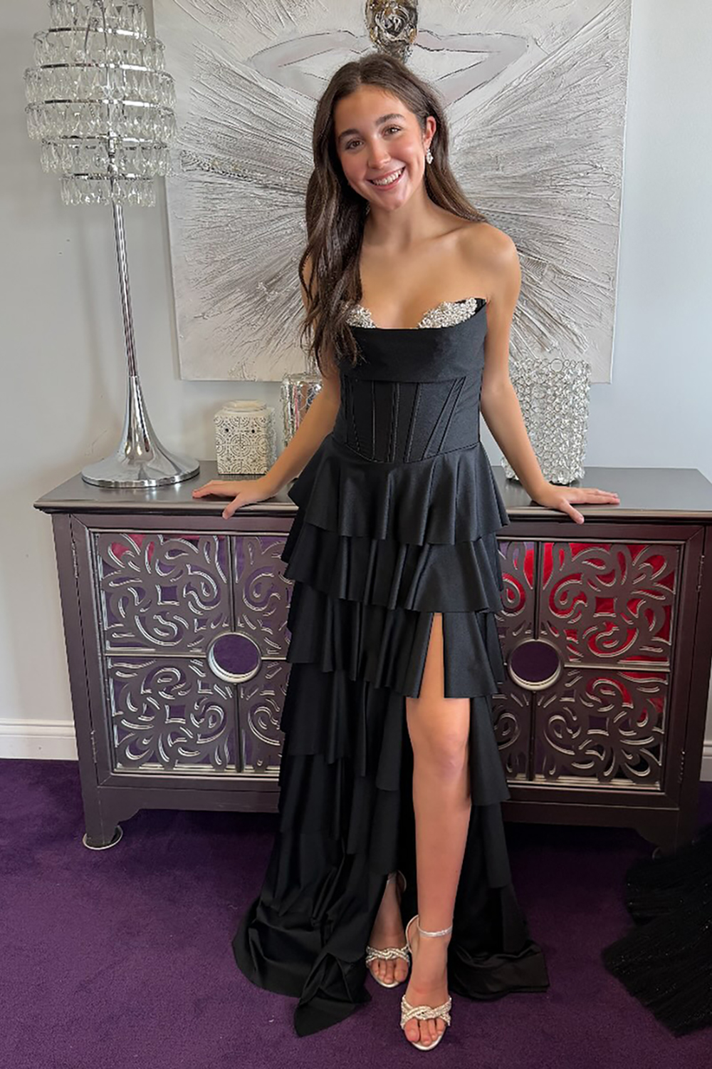 Sparkly Black Sweetheart Tiered Ruffled Corset Beaded Mermaid Long Prom Dress Slit