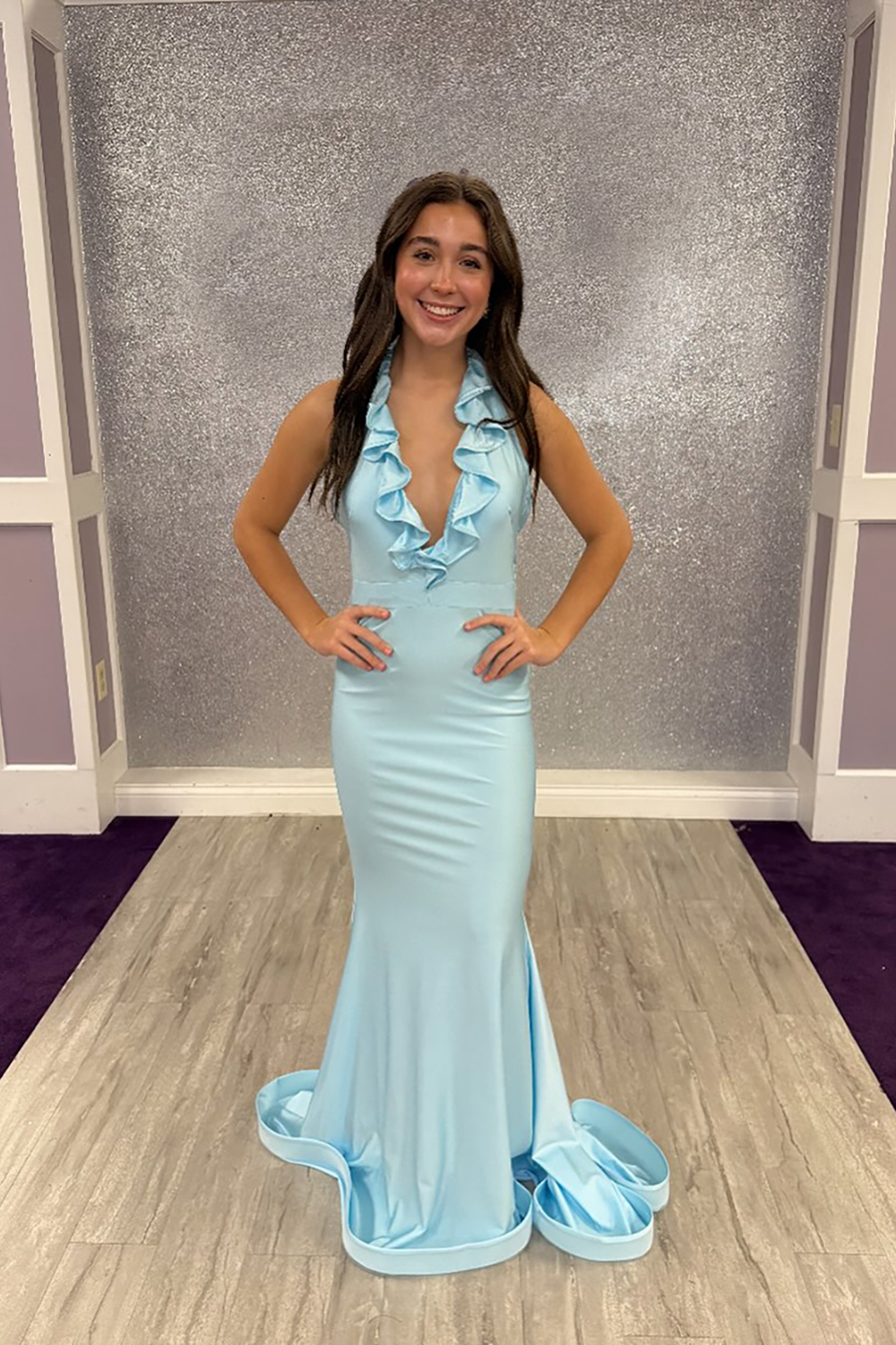 Light Blue Halter Neck Ruffled Mermaid Long Prom Dress