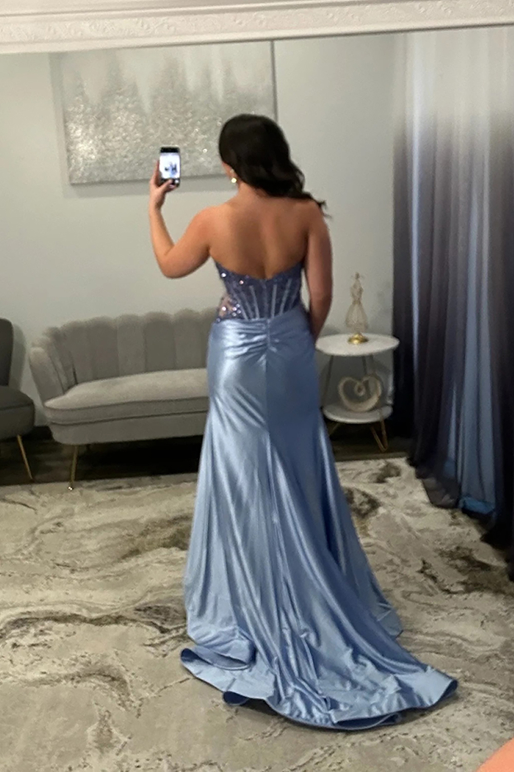 Sparkly Grey Blue Mermaid Strapless Ruched Long Corset Prom Dress with Slit