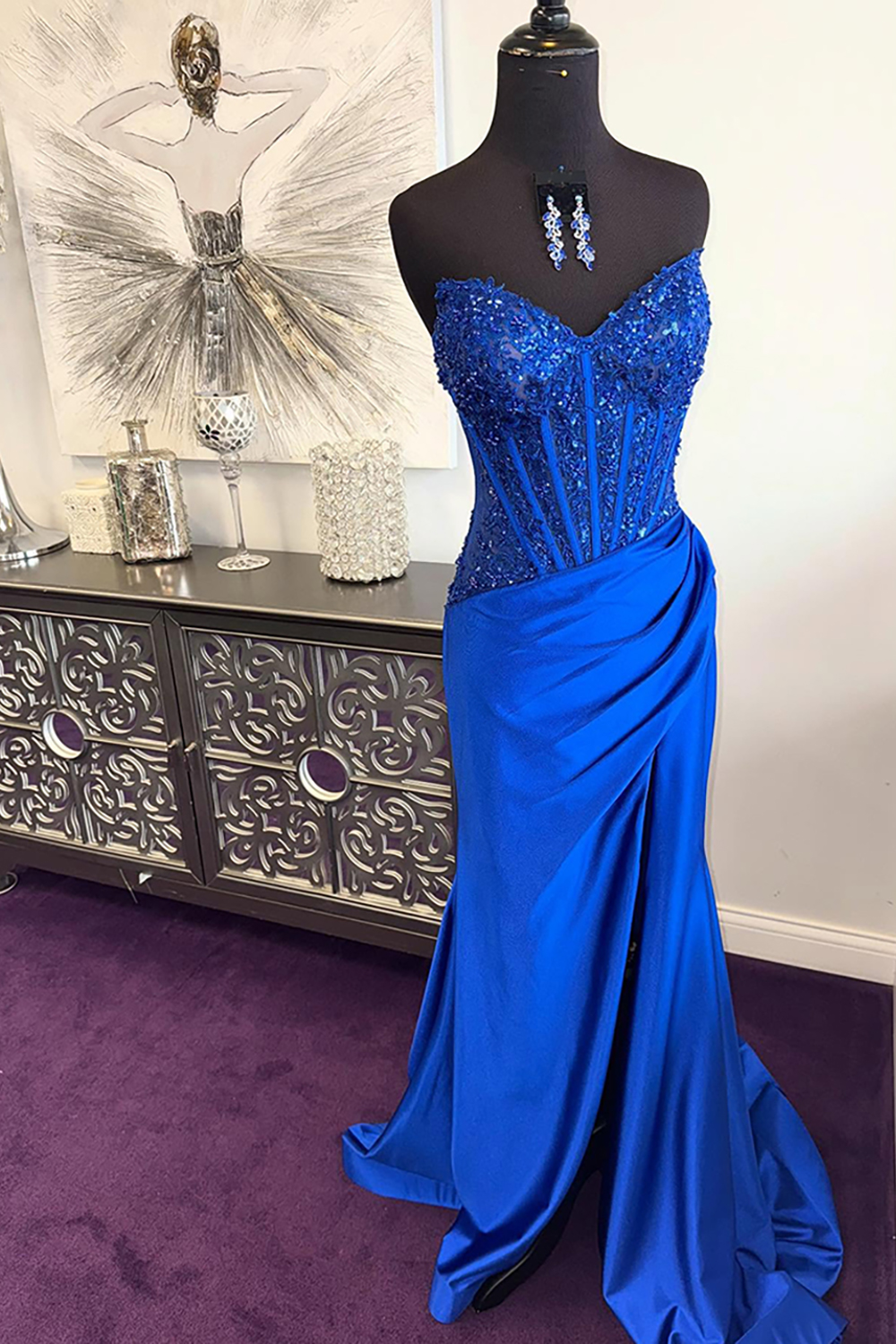 Sparkly Royal Blue Sweetheart Corset Mermaid Beaded Long Prom Dress with Slit