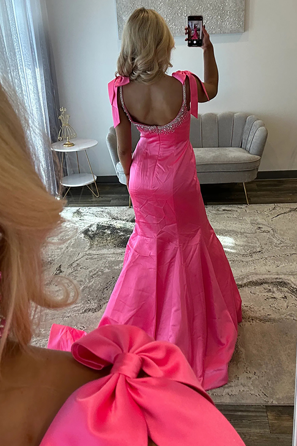 Sparkly Fuchsia Beaded Mermaid Long Satin Prom Dress with Bows