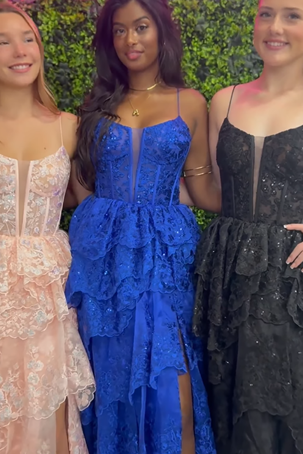 Sparkly Black A-Line Corset Tiered Ruffled Spaghetti Straps Long Prom Dress with Slit