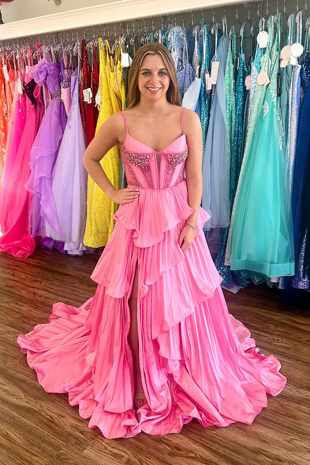 Sparkly Pink Spaghetti Straps Tiered Ruffled Corset Beaded Princess Long Prom Dress with Slit