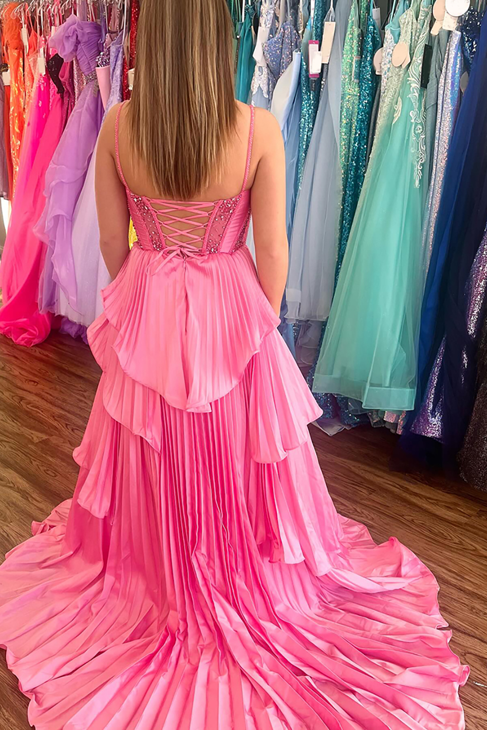 Sparkly Pink Spaghetti Straps Tiered Ruffled Corset Beaded Princess Long Prom Dress with Slit