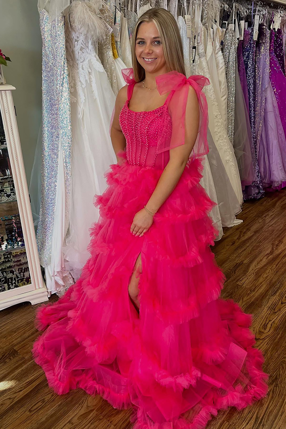 Sparkly Fuchsia Tiered Beaded Ruffled Thick Straps Princess Long Prom Dress with Slit