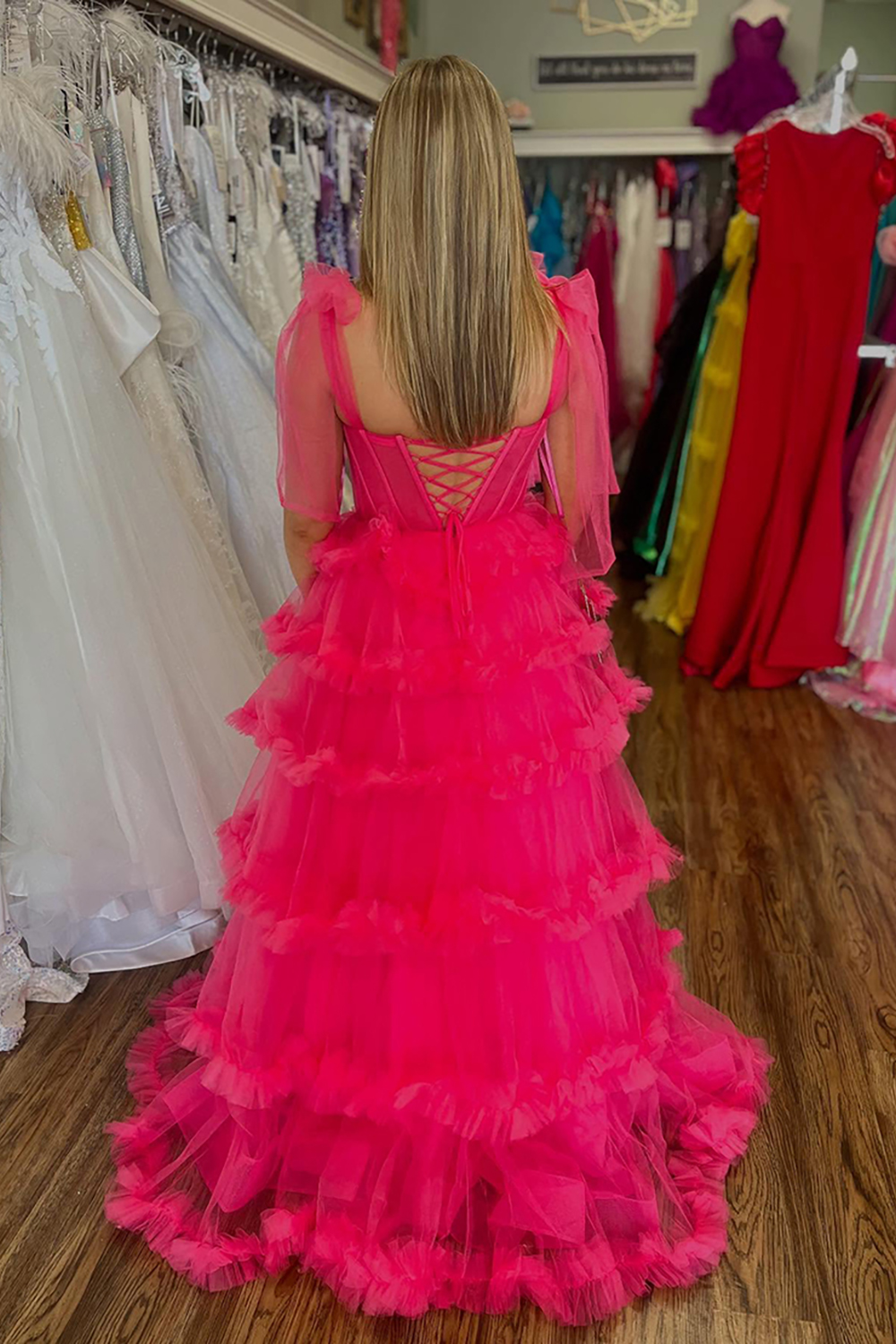 Sparkly Fuchsia Tiered Beaded Ruffled Thick Straps Princess Long Prom Dress with Slit