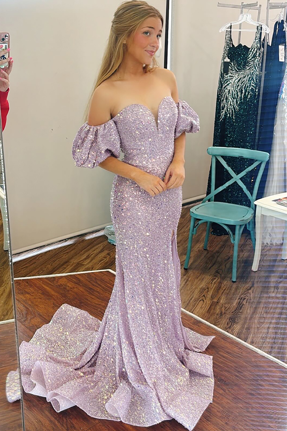 Sparkly Off the Shoulder Lilac Sequin Mermaid Long Prom Dress with Slit