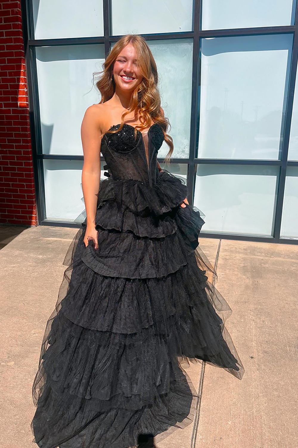 Sparkly Beaded Black Corset Ball Gown Tiered Long Prom Dress