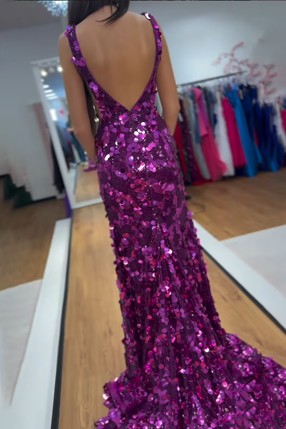 Sparkly Purple Deep V-Neck Mermaid Sequin Long Prom Dress with Slit