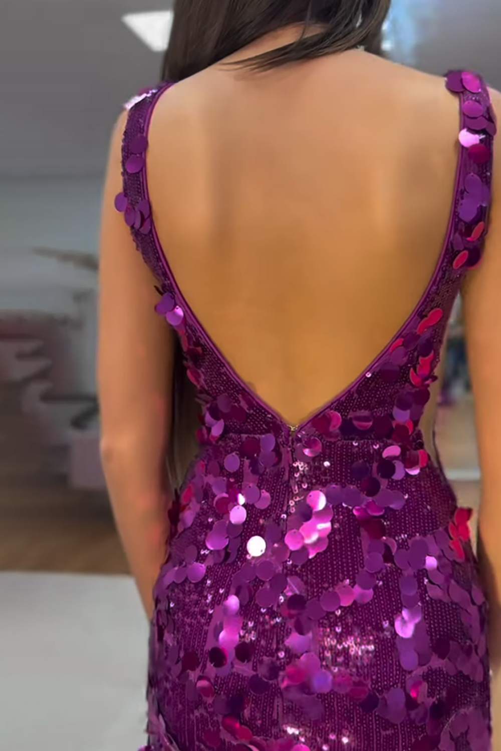 Sparkly Purple Deep V-Neck Mermaid Sequin Long Prom Dress with Slit
