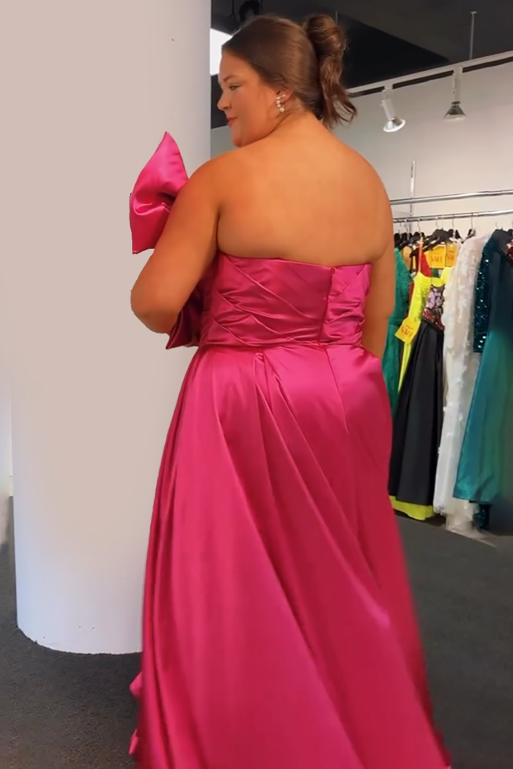 Fuchsia Sweetheart Satin Backless Sheath Long Prom Dress with Bow