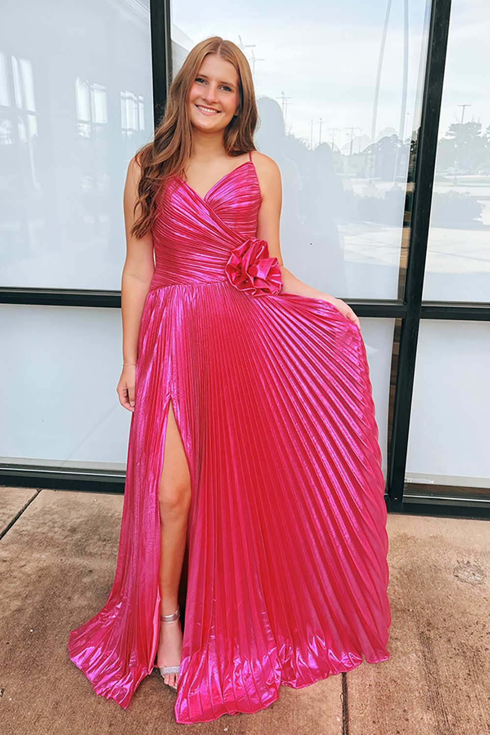 Fuchsia Floral Spaghetti Straps Sheath Pleated Long Prom Dress with Slit
