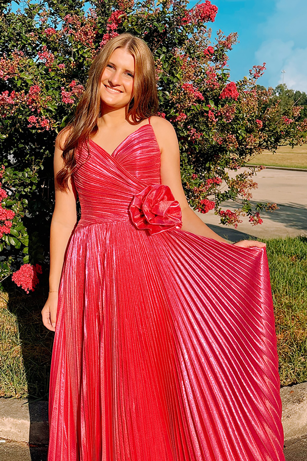 Fuchsia Floral Spaghetti Straps Sheath Pleated Long Prom Dress with Slit