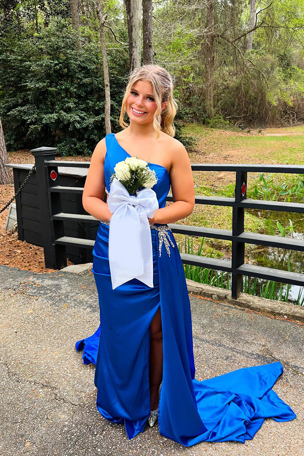 Sparkly Royal Blue Beaded Cut Out One Shoulder Mermaid Long Prom Dress