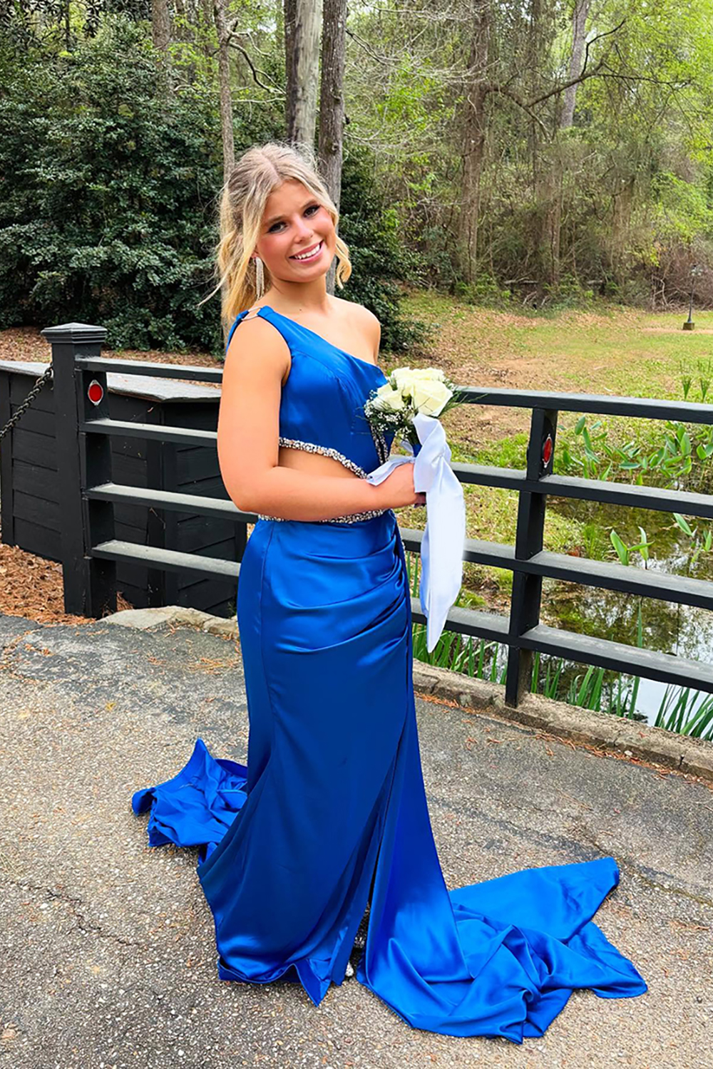 Sparkly Royal Blue Beaded Cut Out One Shoulder Mermaid Long Prom Dress