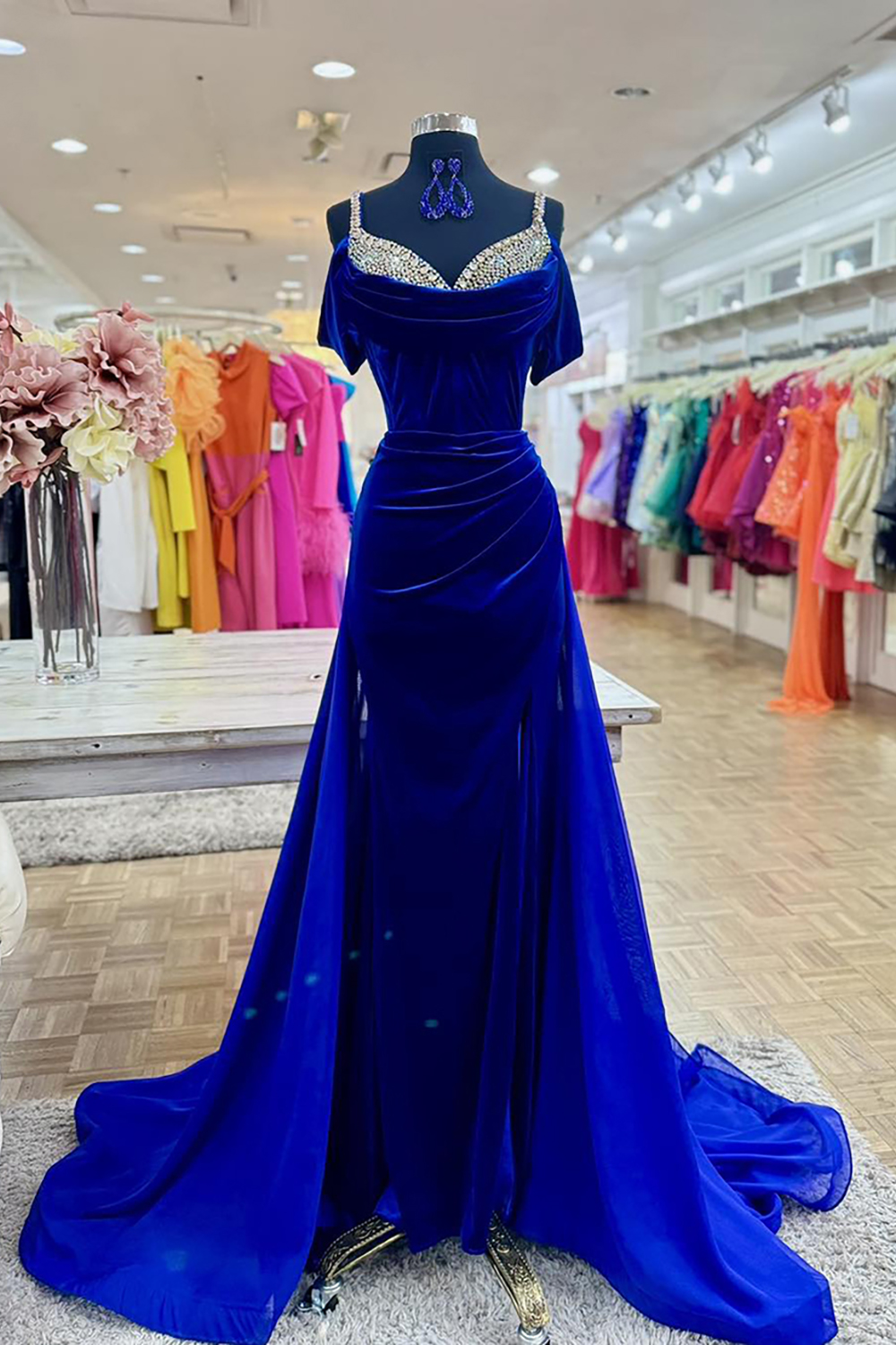 Sparkly Royal Blue Beaded Mermaid Velvet Long Prom Dress with Slit