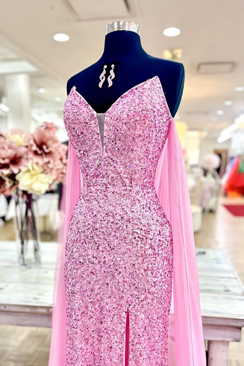 Sparkly Pink Beaded Mermaid Sweetheart Long Prom Dress with Slit