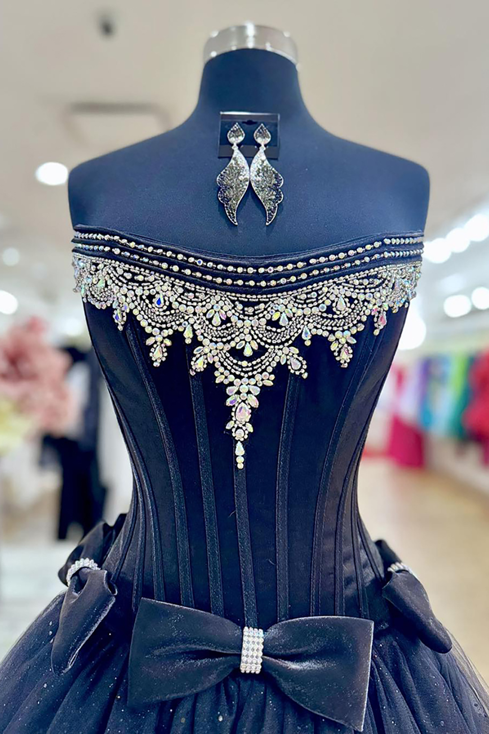 Sparkly Black Beaded Tulle Glitter A-Line Long Corset Prom Dress with Bows