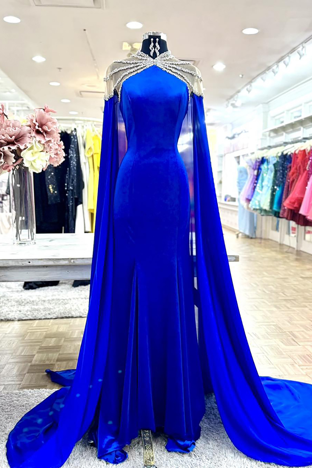 Sparkly Royal Blue Beaded Mermaid Long Prom Dress with Cape
