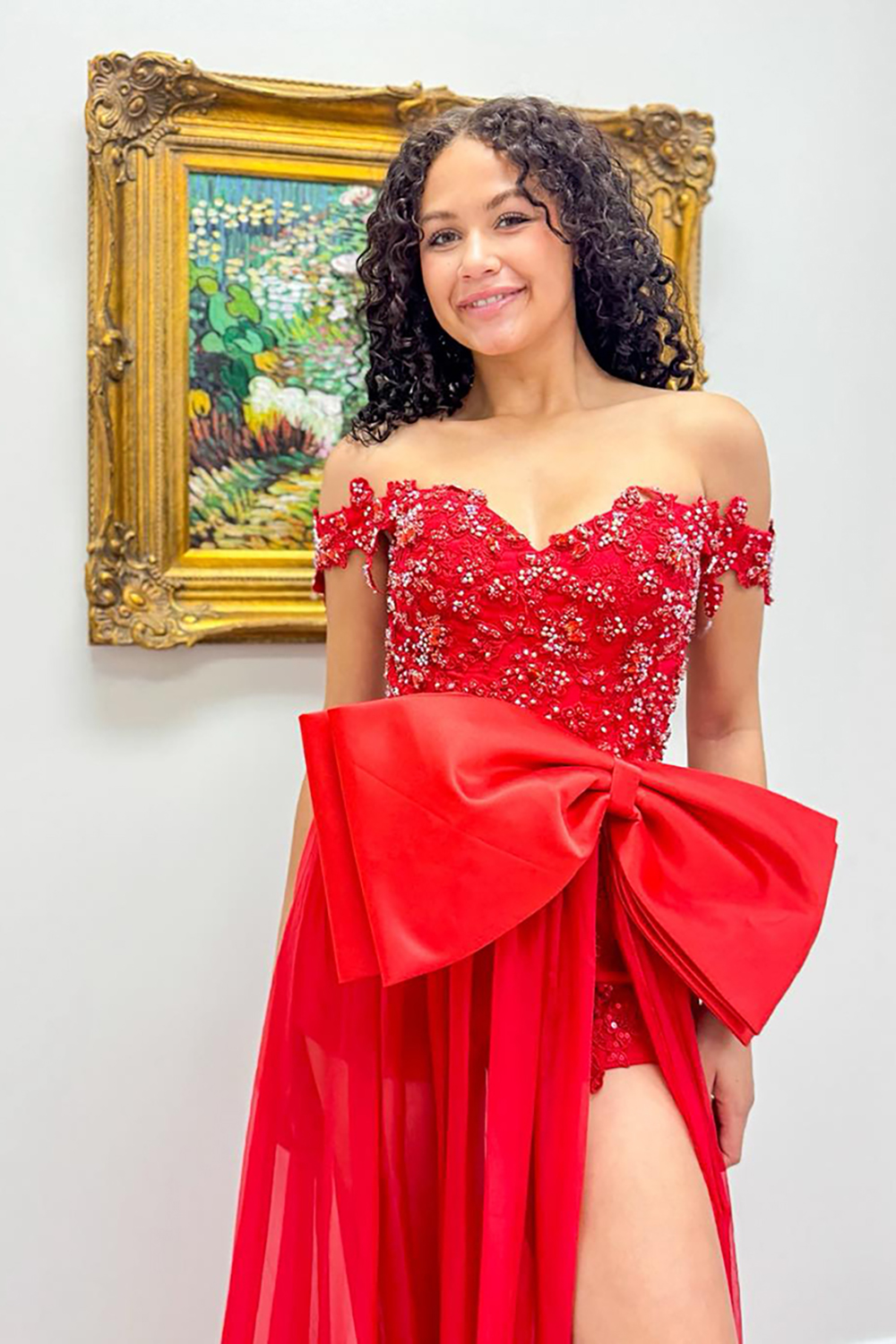 Sparkly Red Beaded Mermaid Off the Shoulder Long Prom Dress with Slit