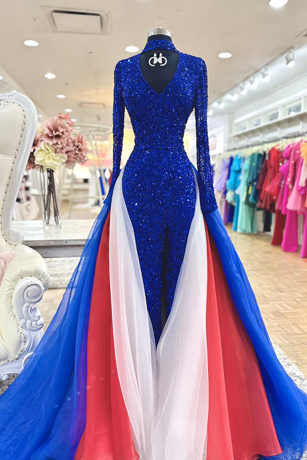 Sparkly Royal Blue Sequin Mermaid Long Prom Dress with Slit
