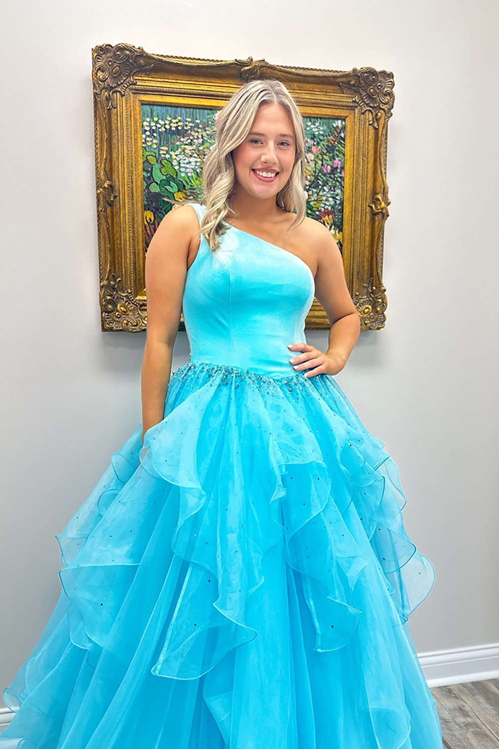 Sparkly Blue Ruffled A-Line One Shoulder Long Prom Dress with Beading