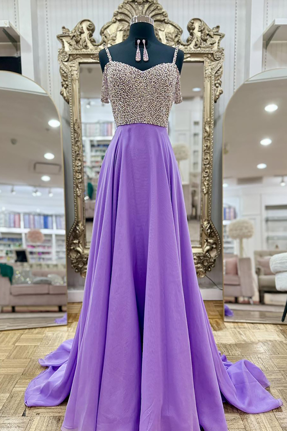 Sparkly Lavender Spaghetti Straps A-Line Beaded Long Prom Dress