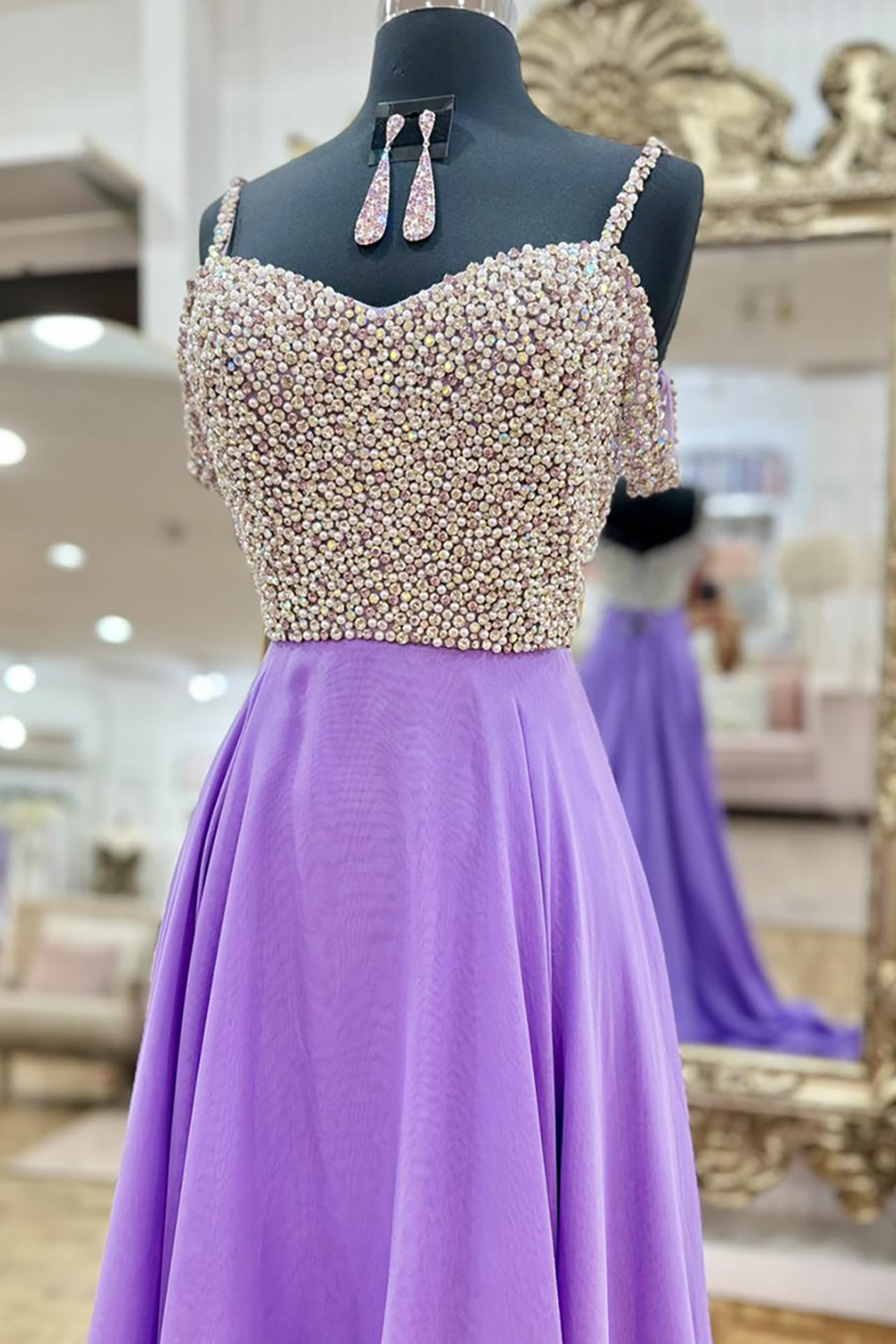 Sparkly Lavender Spaghetti Straps A-Line Beaded Long Prom Dress