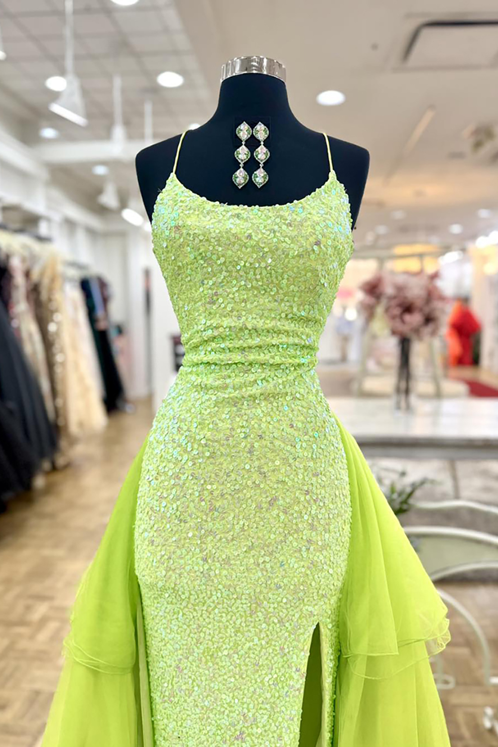 Sparkly Green Spaghetti Straps Sequin Mermaid Long Prom Dress with Slit