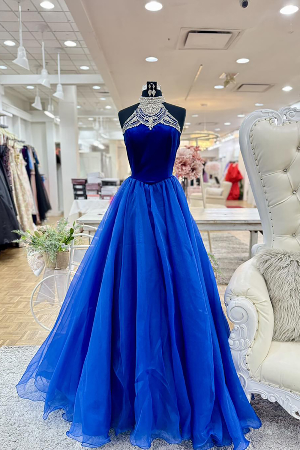 Sparkly Royal Blue Halter Neck Beaded A-Line Tulle Long Prom Dress