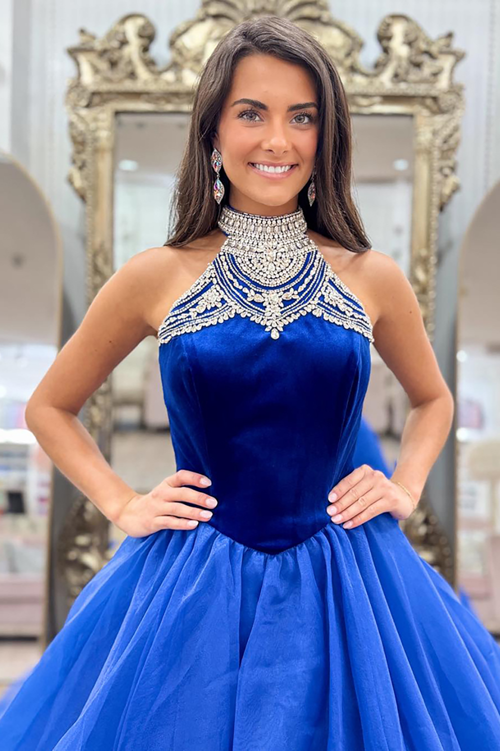 Sparkly Royal Blue Halter Neck Beaded A-Line Tulle Long Prom Dress