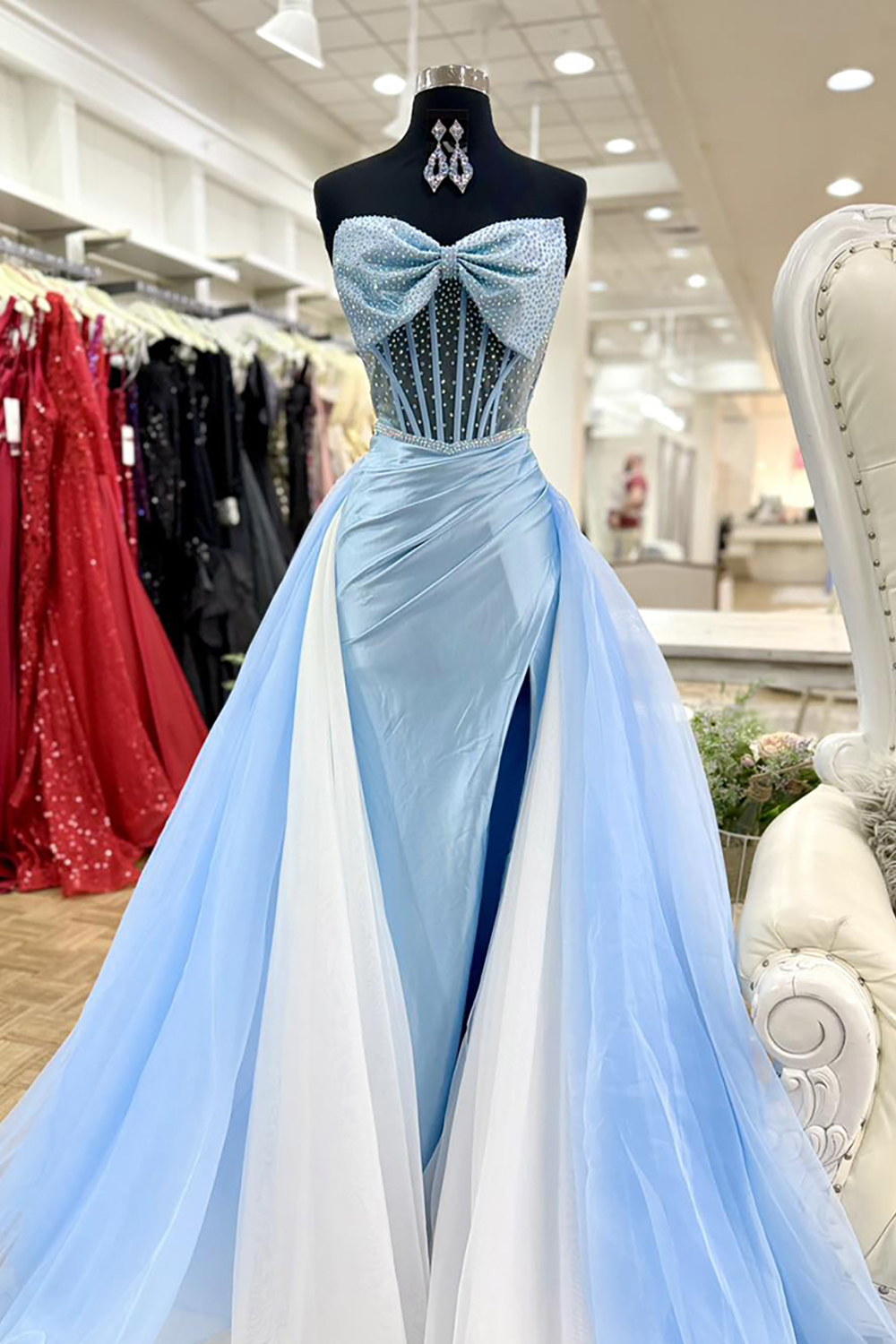 Sparkly Blue Beaded Mermaid Sweetheart Long Corset Prom Dress with Slit