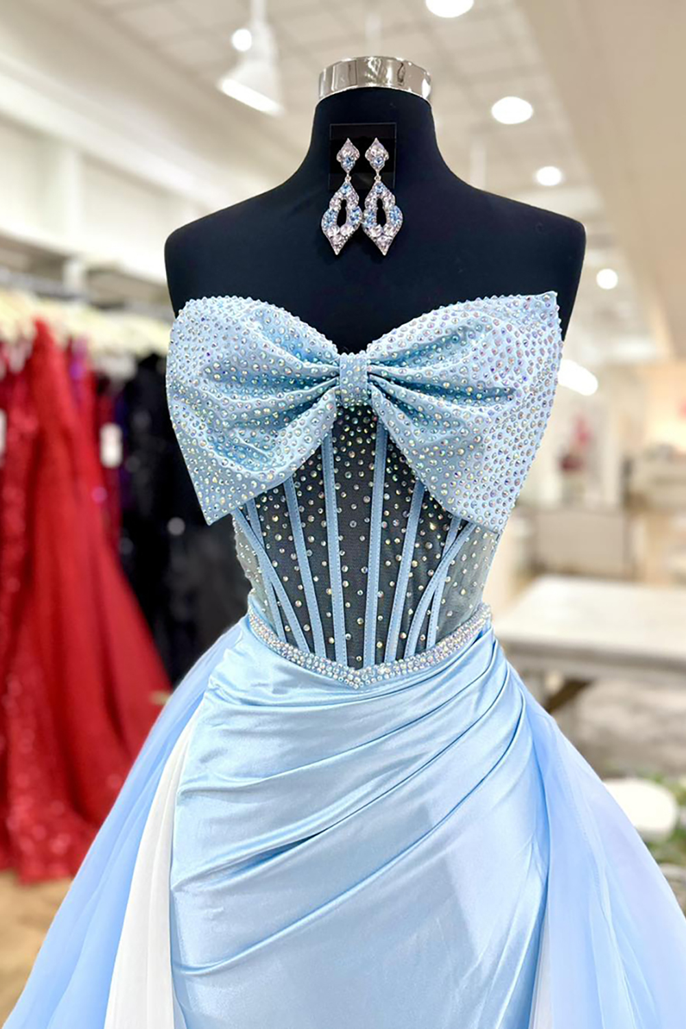 Sparkly Blue Beaded Mermaid Sweetheart Long Corset Prom Dress with Slit