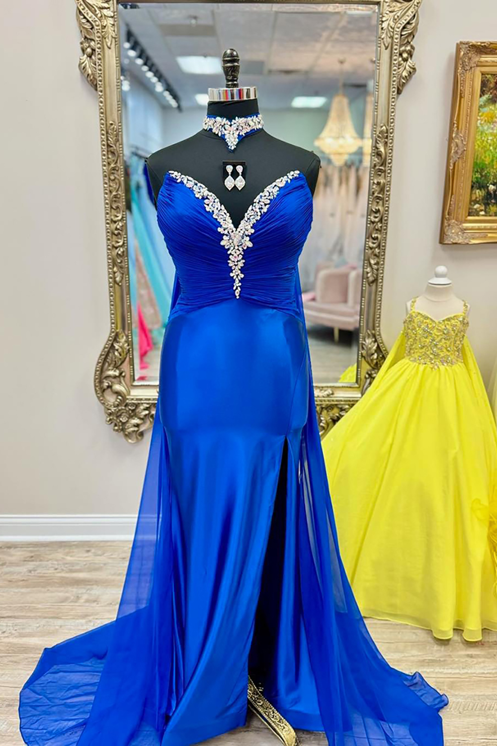Sparkly Royal Blue Mermaid Sweetheart Beaded Long Prom Dress with Cape