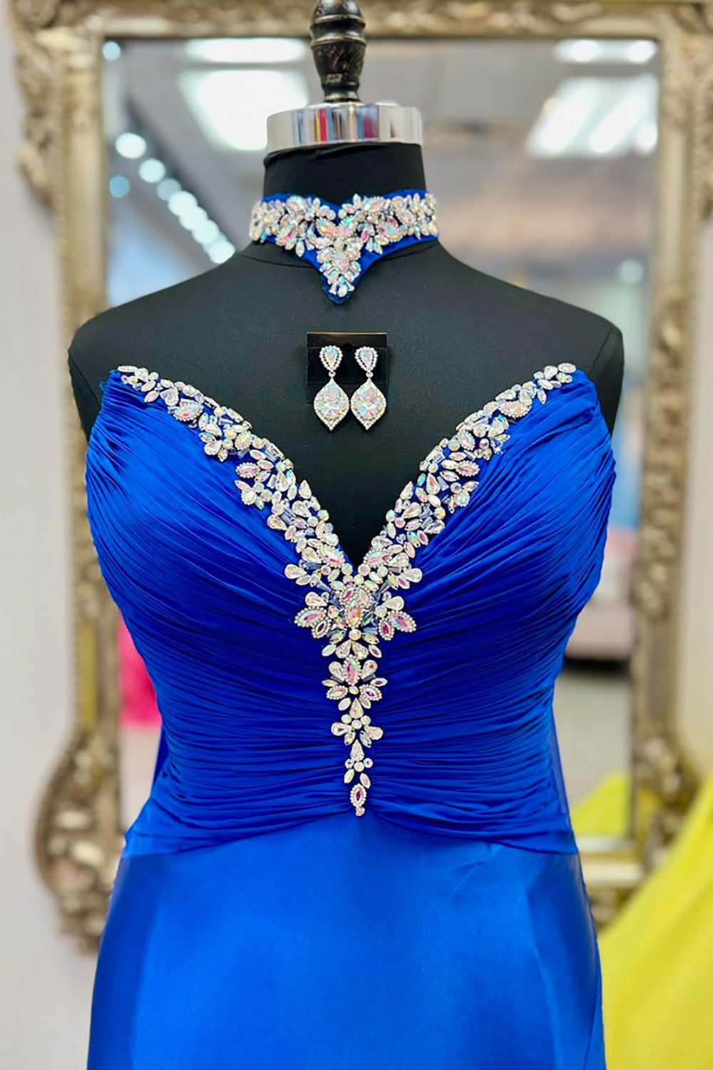Sparkly Royal Blue Mermaid Sweetheart Beaded Long Prom Dress with Cape