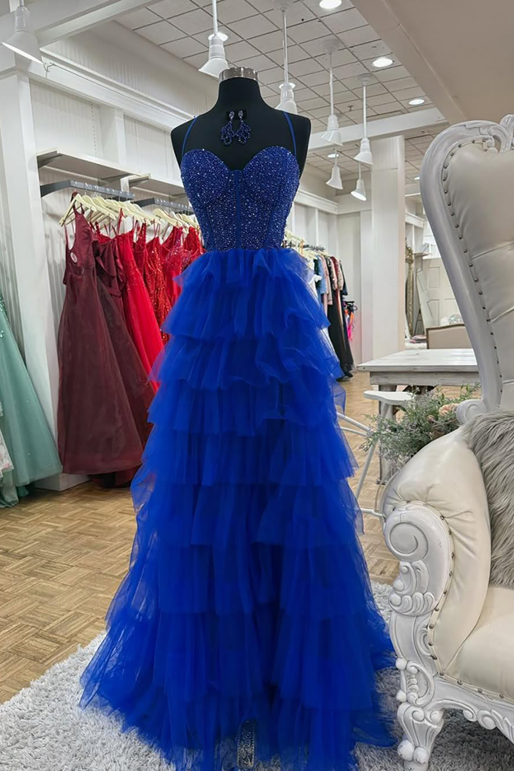 Sparkly Royal Blue Tiered A-Line Beaded Long Corset Prom Dress with Ruffles