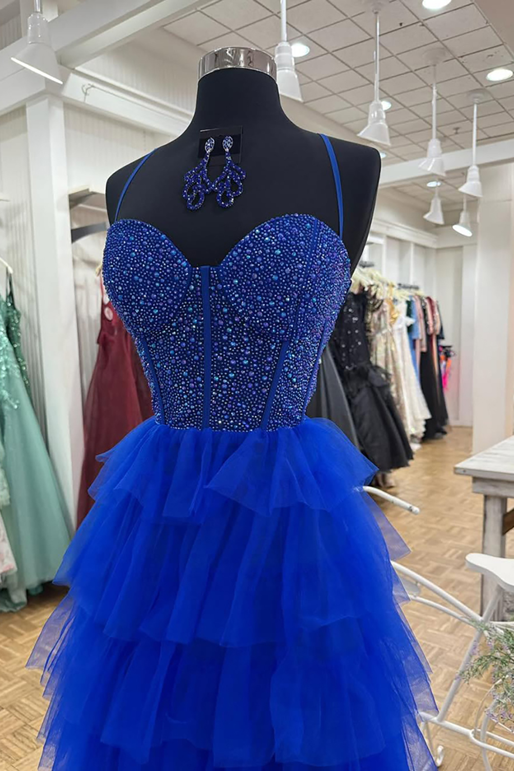 Sparkly Royal Blue Tiered A-Line Beaded Long Corset Prom Dress with Ruffles
