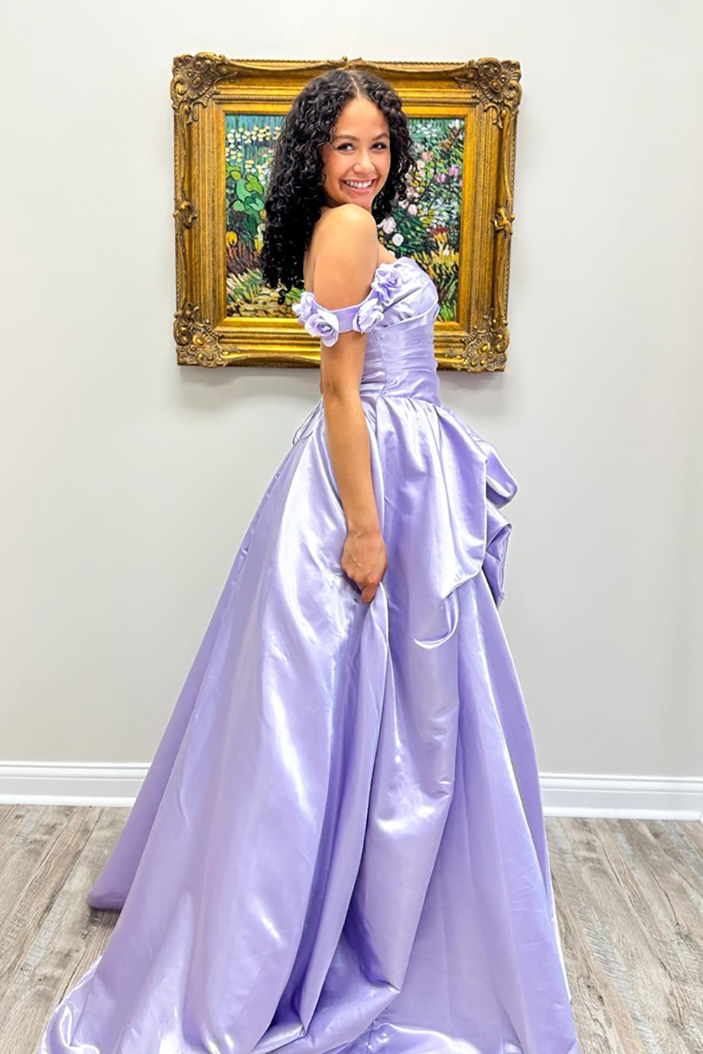 Lilac A-Line Off the Shoulder Long Prom Dress with 3D Flowers