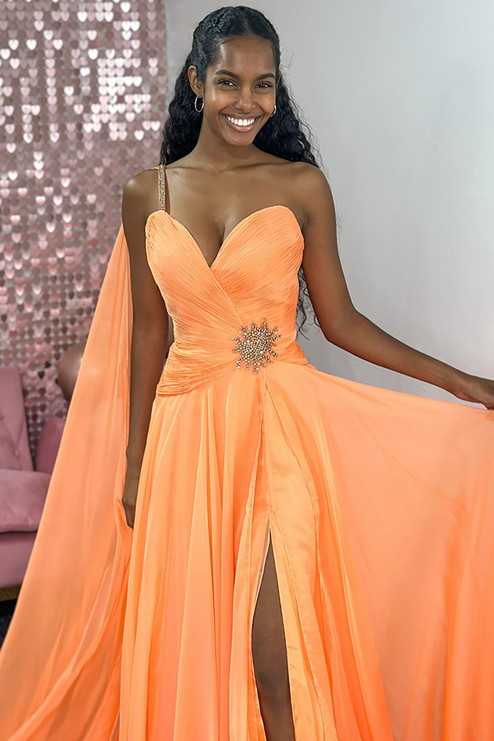 Sparkly Orange A-Line Sweetheart Beaded Long Prom Dress with Cape