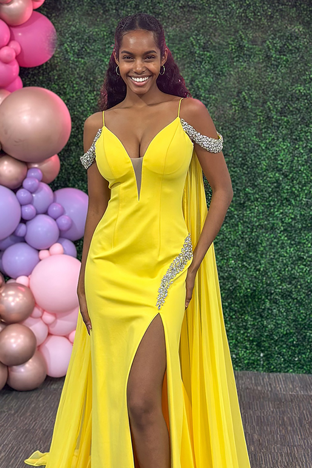 Sparkly Yellow mermaid Cold shoulder Beaded Long Prom Dress with Cape