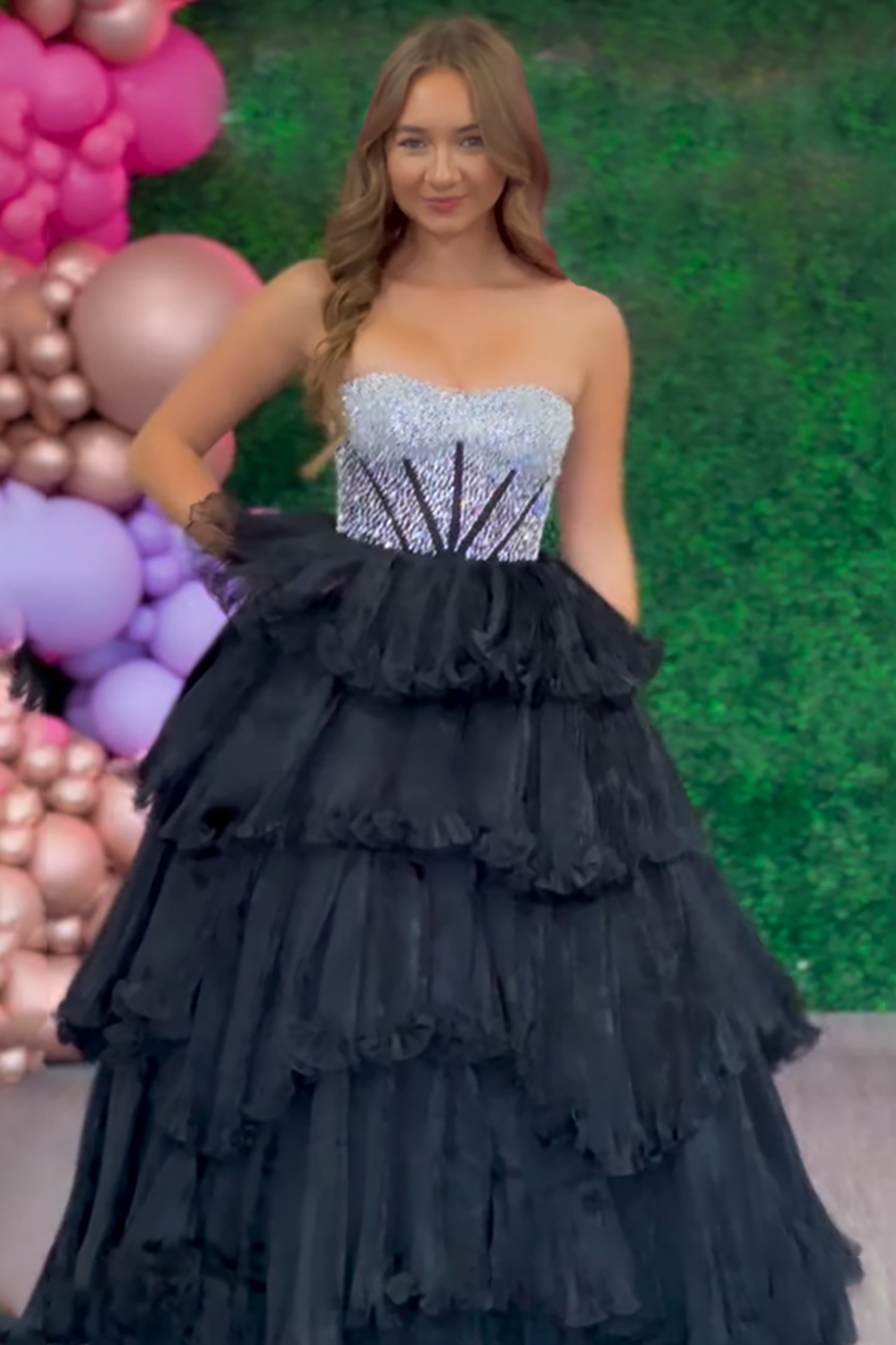 Sparkly Black Tiered Strapless Beaded Long Corset Prom Dress with Ruffles