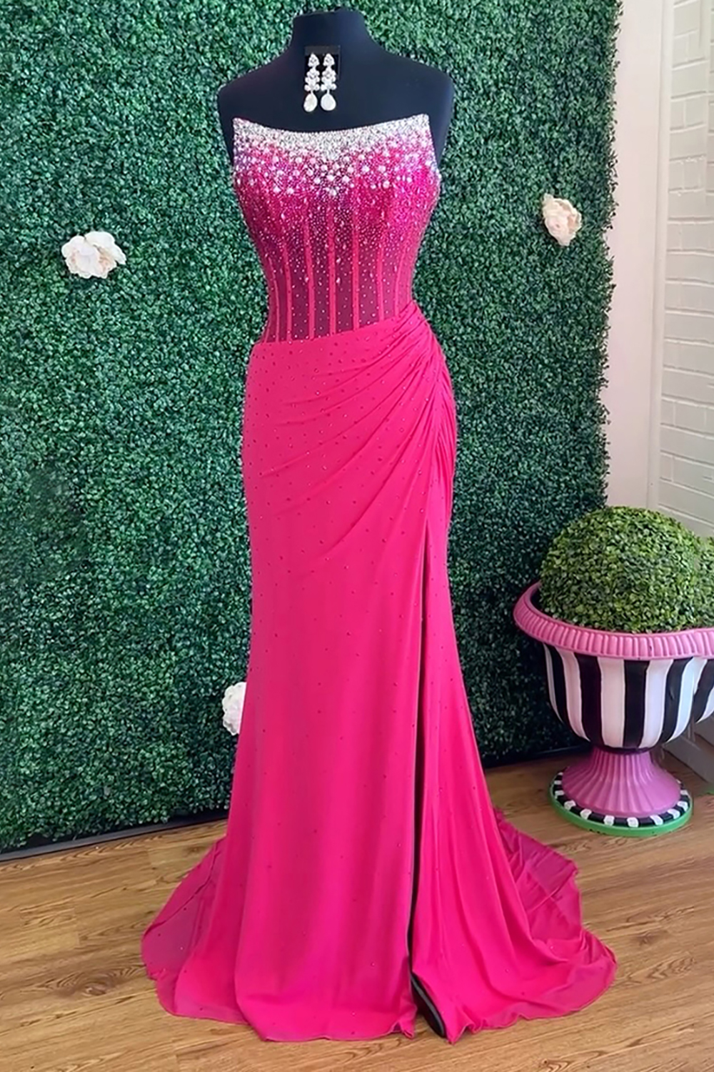 Sparkly Fuchsia Corset Beaded Mermaid Long Prom Dress with Slit