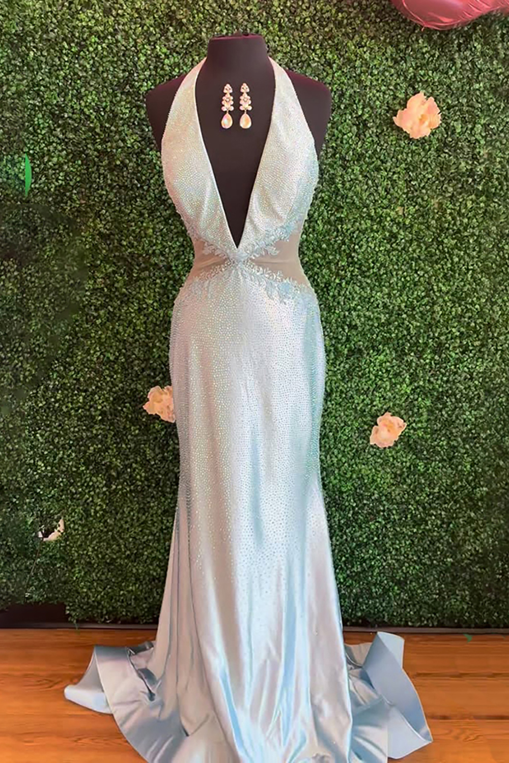 Sparkly Halter Fuchsia Beaded Mermaid Long Prom Dress with Sequins