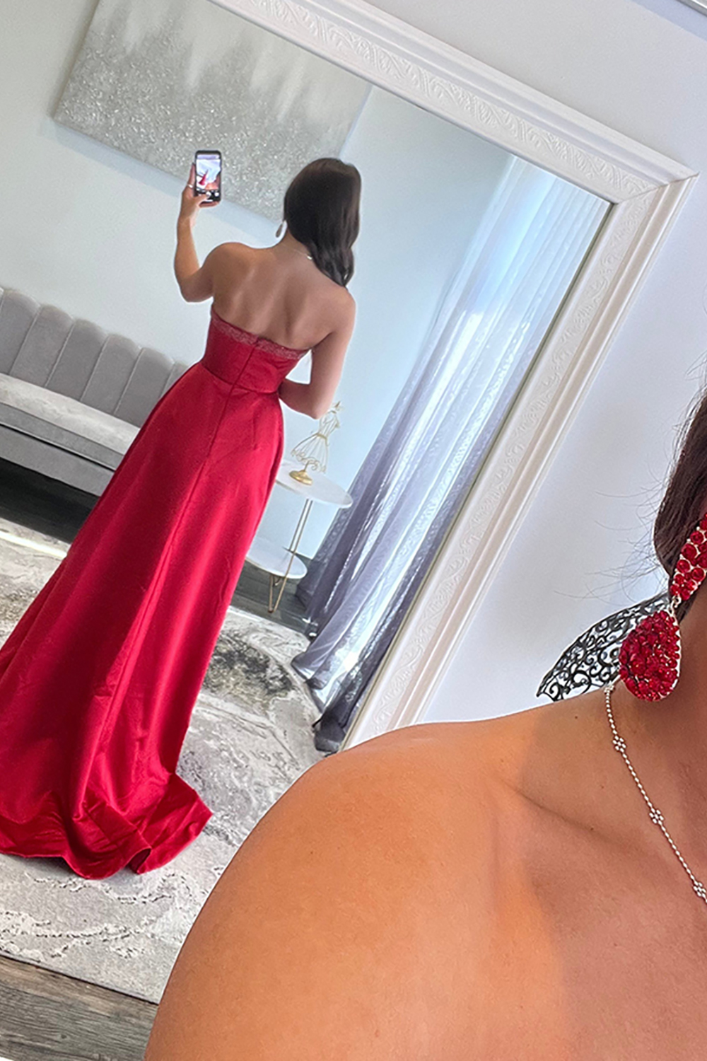 Sparkly Fuchsia Sweetheart A Line Keyhole Long Satin Prom Dress with Slit