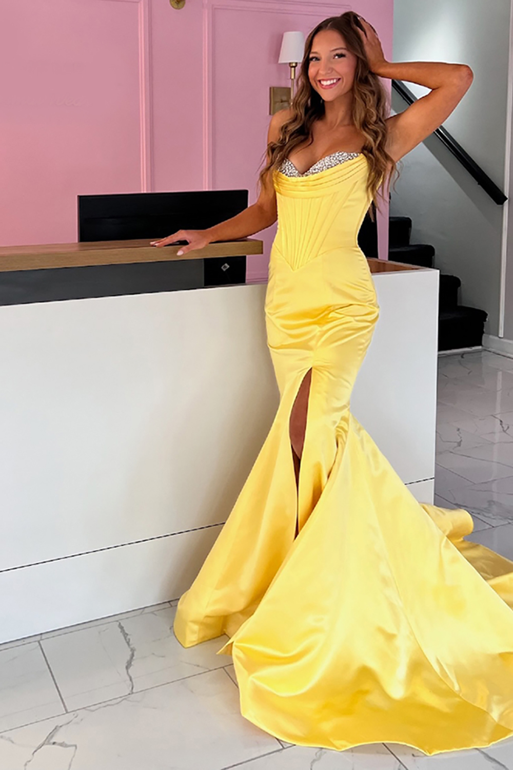 Sparkly Mermaid Yellow Corset Sweetheart Long Prom Dress with Slit