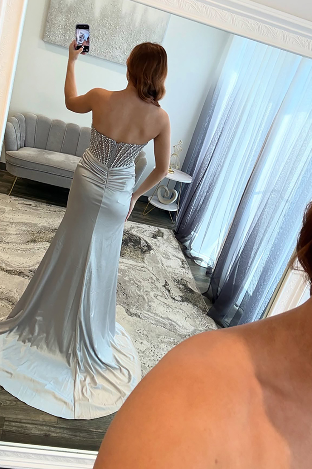 Sparkly Silver Corset Mermaid Beaded Long Prom Dress with Slit